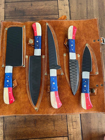 Handmade D2 Steel Texas Flag 5-Piece Chef Knife Set – Hammered Blades with Wood & Camel Bone Handles and Leather Carry Bag | Arham Cutlery
