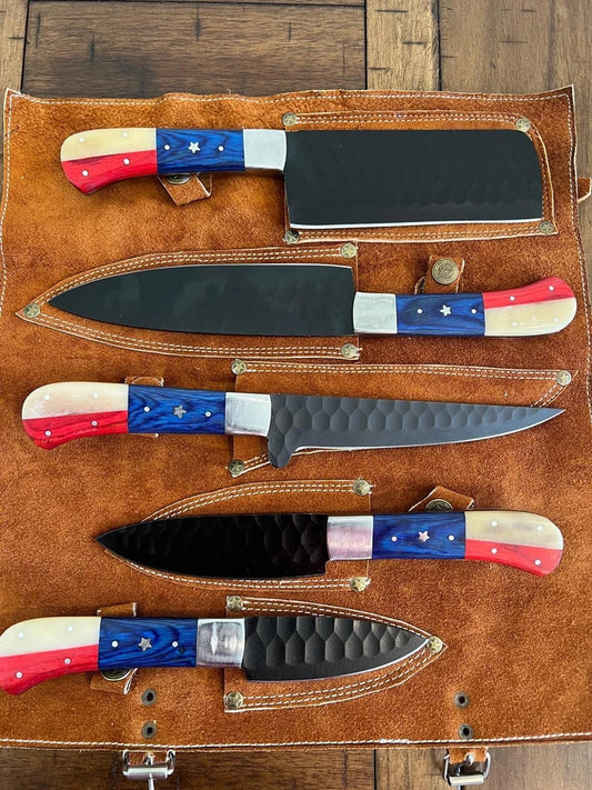 Handmade D2 Steel Texas Flag 5-Piece Chef Knife Set – Hammered Blades with Wood & Camel Bone Handles and Leather Carry Bag | Arham Cutlery