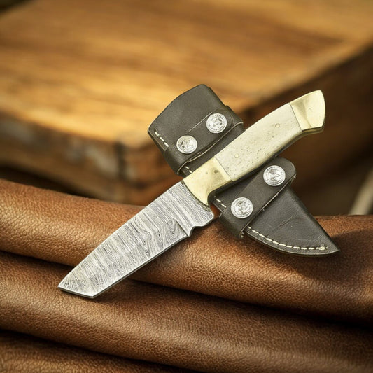 Traditional Cowboy Damascus Tanto Knife with Bone Handle & Leather Sheath | Arham Cutlery