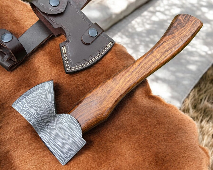 Artisan Forged Damascus Hatchet with Rosewood Grip | Handmade Twisted Pattern Steel Axe Arham Cutlery
