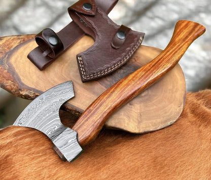 Artisan Damascus Hatchet with Rosewood Grip | Handmade Twisted Pattern Steel Axe & Leather Sheath Arham Cutlery