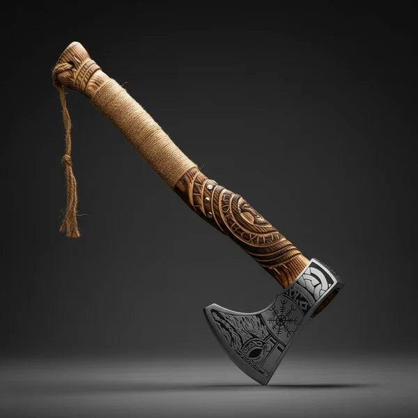 Carved Norse Axe with Engraved High Carbon Steel Head Arham Cutlery