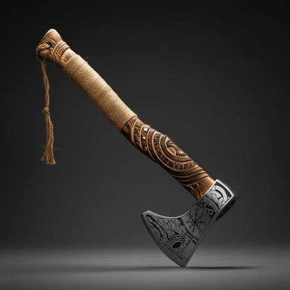 Carved Norse Axe with Engraved High Carbon Steel Head Arham Cutlery