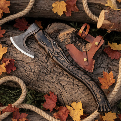 Carved Norse Bearded Axe, 18 Inch Carbon Steel Viking Axe with Leather Sheath Arham Cutlery