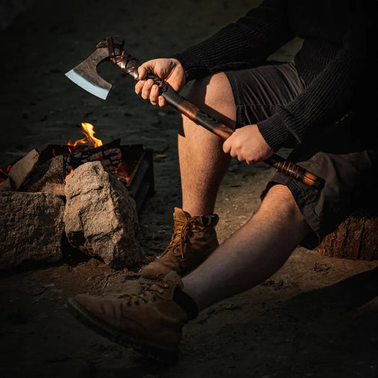 Traditional Viking Camp Axe with Hammer Back – Handmade Carbon Steel Forest Axe with Leather Sheath Arham Cutlery