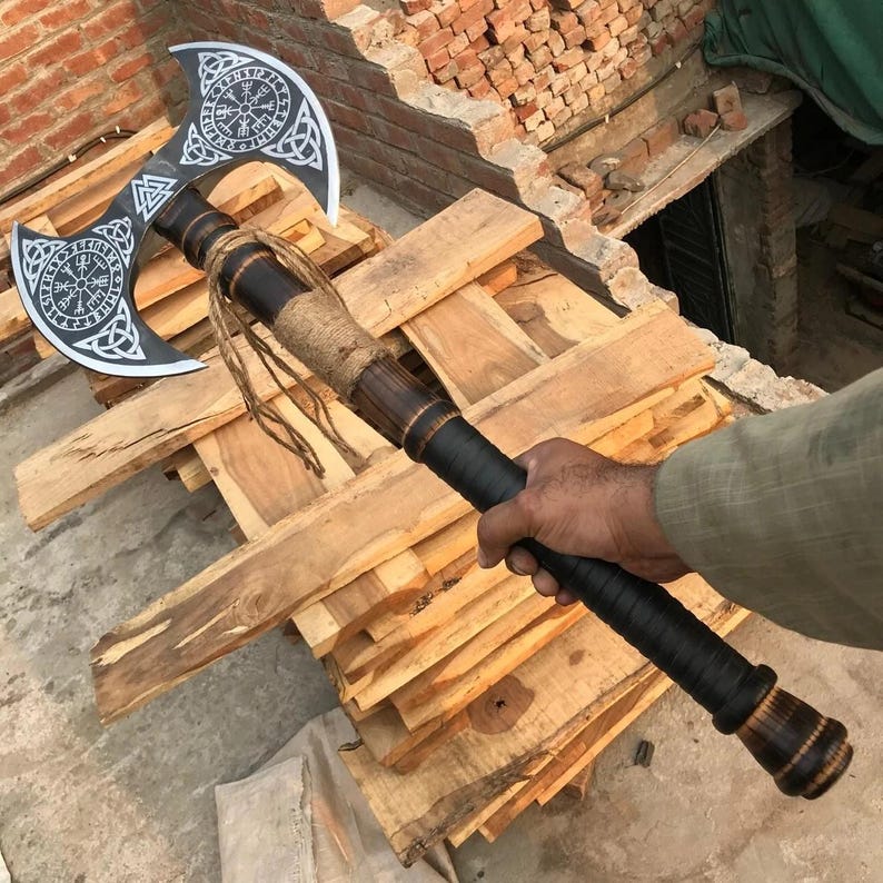 Custom Forged Viking Double-Edge Axe – High Carbon Steel with Wooden Handle & Leather Guard Arham Cutlery