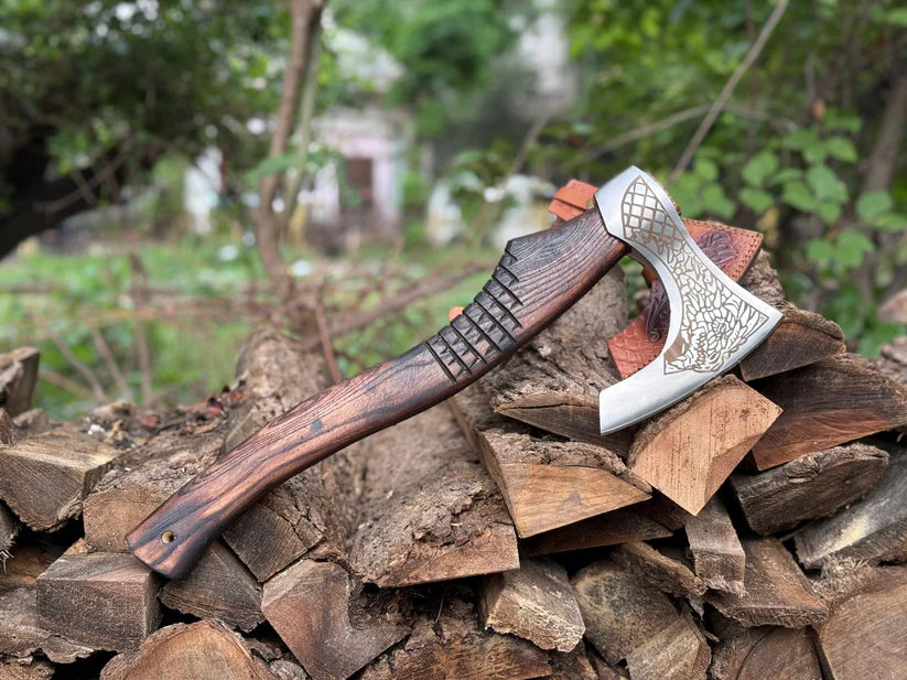 Nordic Warrior Engraved Axe – Handmade Rosewood Viking Hatchet with Leather Cover Arham Cutlery