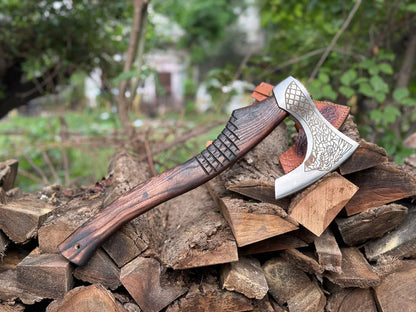Nordic Warrior Engraved Axe – Handmade Rosewood Viking Hatchet with Leather Cover Arham Cutlery