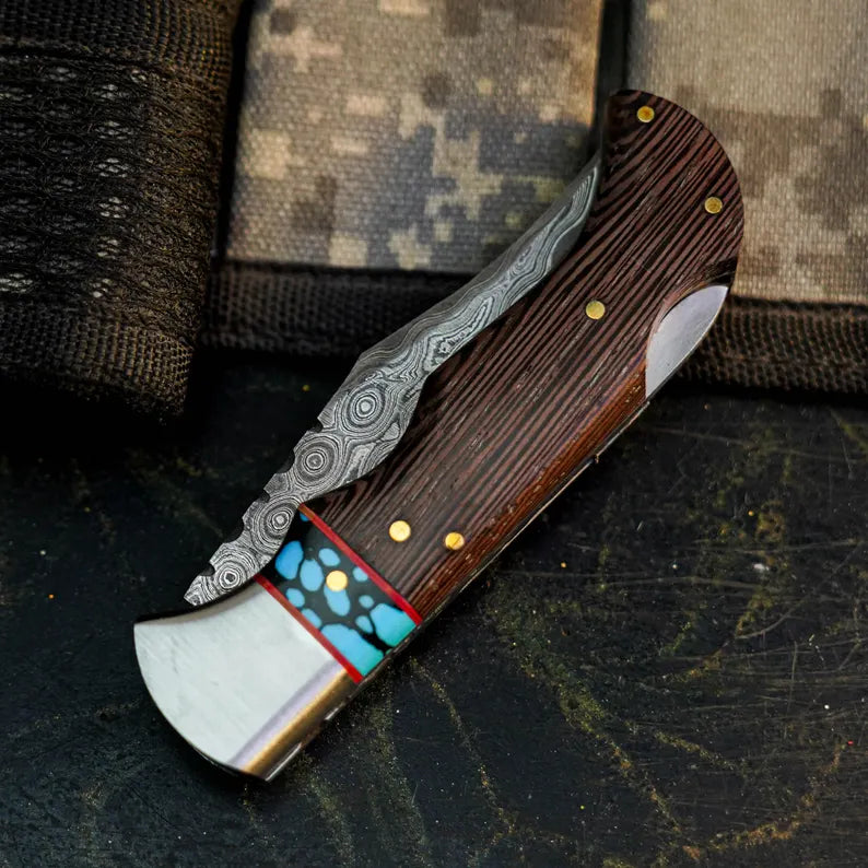 Handmade Damascus Pocket Knife with Wenge Wood Handle Arham Cutlery