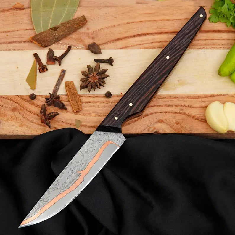 Custom Copper Damascus Kitchen Knife | Handmade 440C Steel Chef Knife with Wenge Wood Handle Arham Cutlery