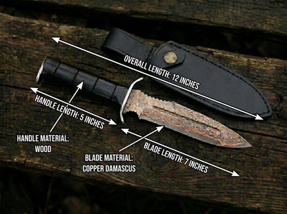 Custom Copper Damascus Fixed Blade Knife – Handmade Wooden Handle Hunting Knife with Leather Sheath Arham Cutlery