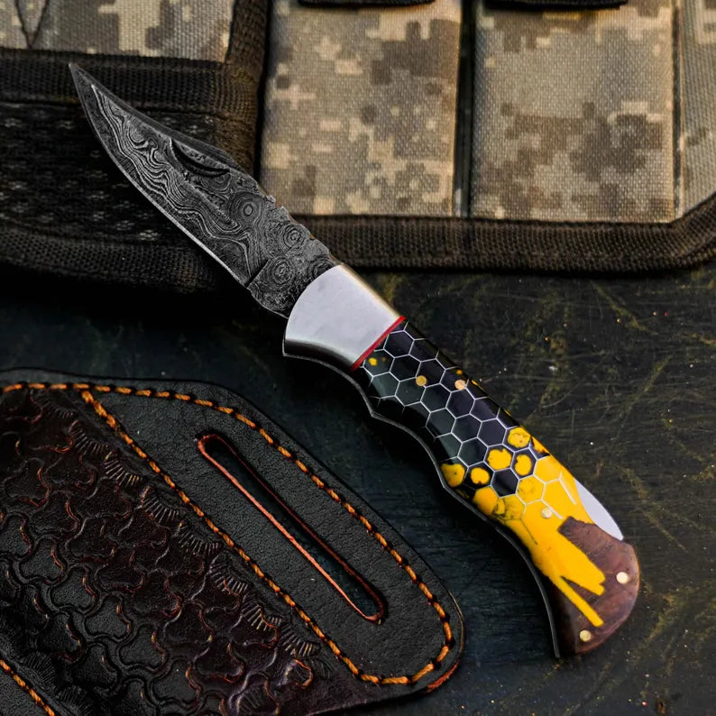 Handmade Damascus Pocket Knife with Artistic Wood Resin Handle Arham Cutlery