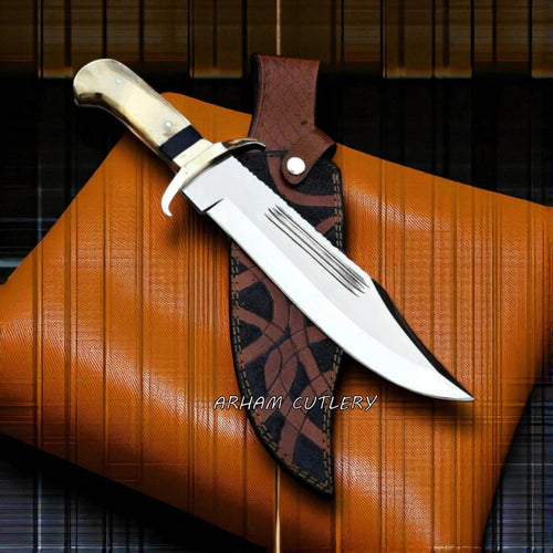 Arham Predator-X handmade Bowie hunting knife with camel bone handle and custom leather sheath by Arham Cutlery