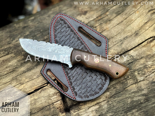 Nightshade Handcrafted Damascus Steel 9" Fixed Blade With Cowhide Leather Sheath , Best Gift For EDC Lover , Best Handmade Knife Arham Cutlery