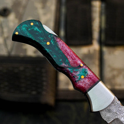 Handmade Damascus Pocket Folder with Colorful Resin Handle Arham Cutlery