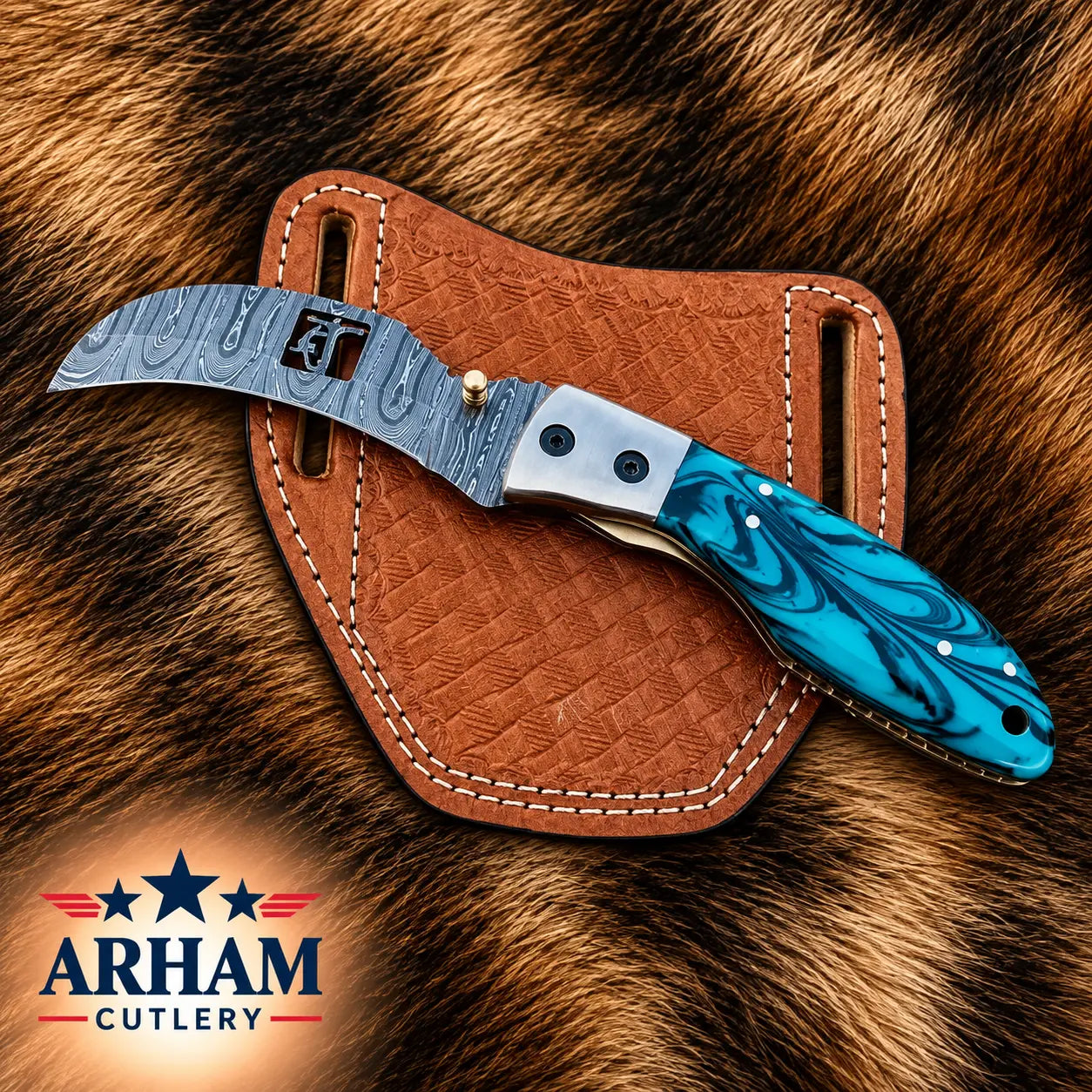A folding pocket knife with a patterned steel blade and a turquoise marbled handle, displayed on a brown textured leather sheath over a brown fur background. The ARHAM CUTLERY logo is visible in the bottom-left corner.