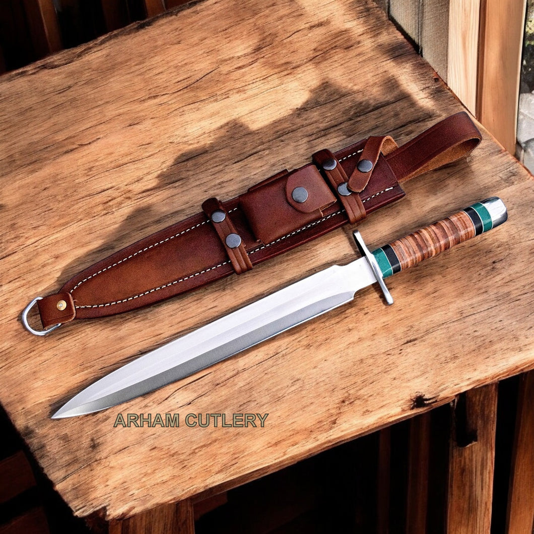 Viking Snake-in-the-Eye D2 Toothpick King Dagger With Leather Sheath 