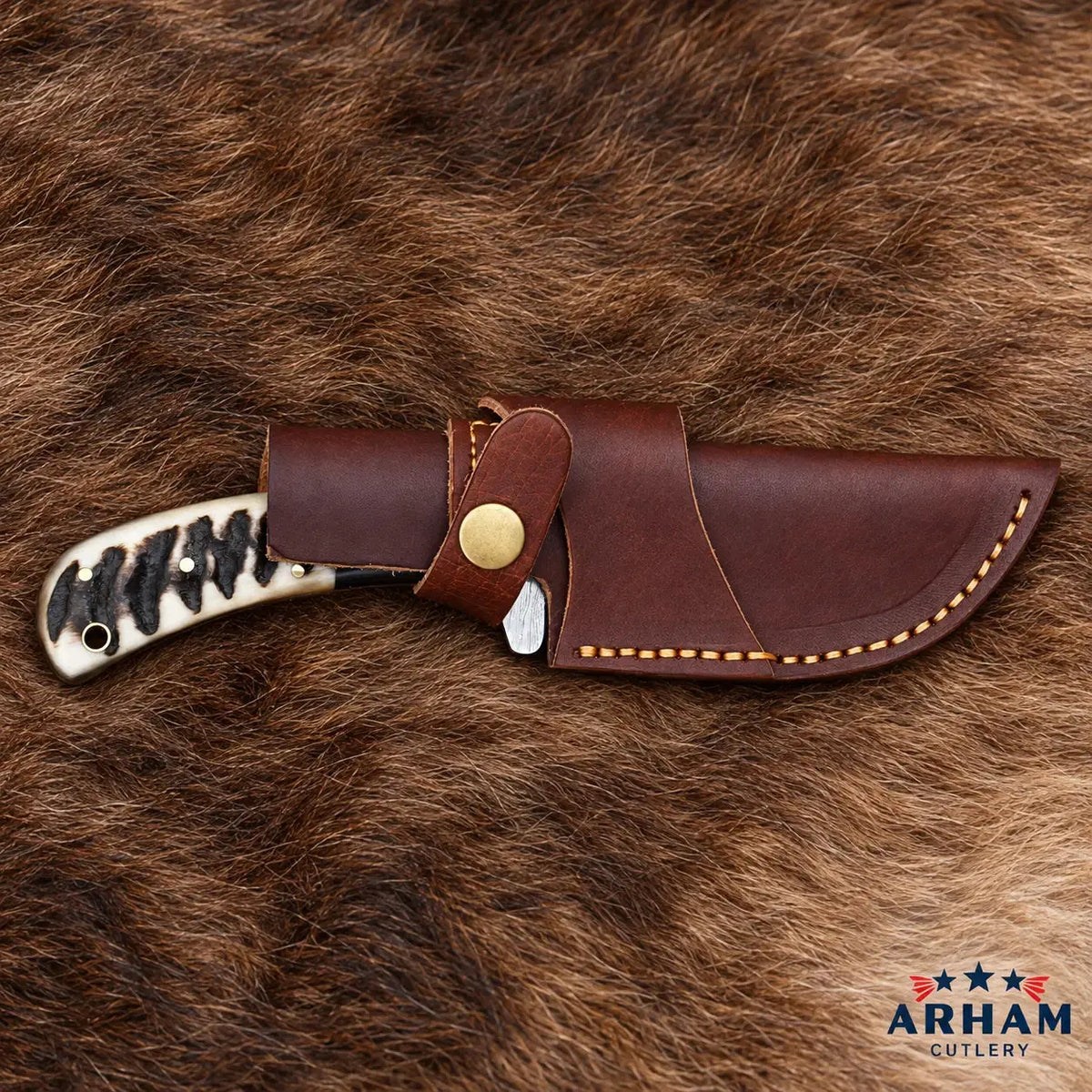 Ramforge Blackcrest Damascus Skinning Knife – Ram Horn & Micarta Handle Arham Cutlery