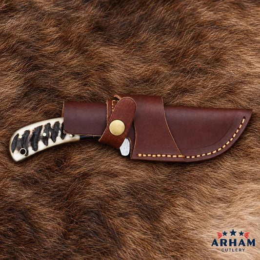 Ramforge Blackcrest Damascus Skinning Knife – Ram Horn & Micarta Handle Arham Cutlery