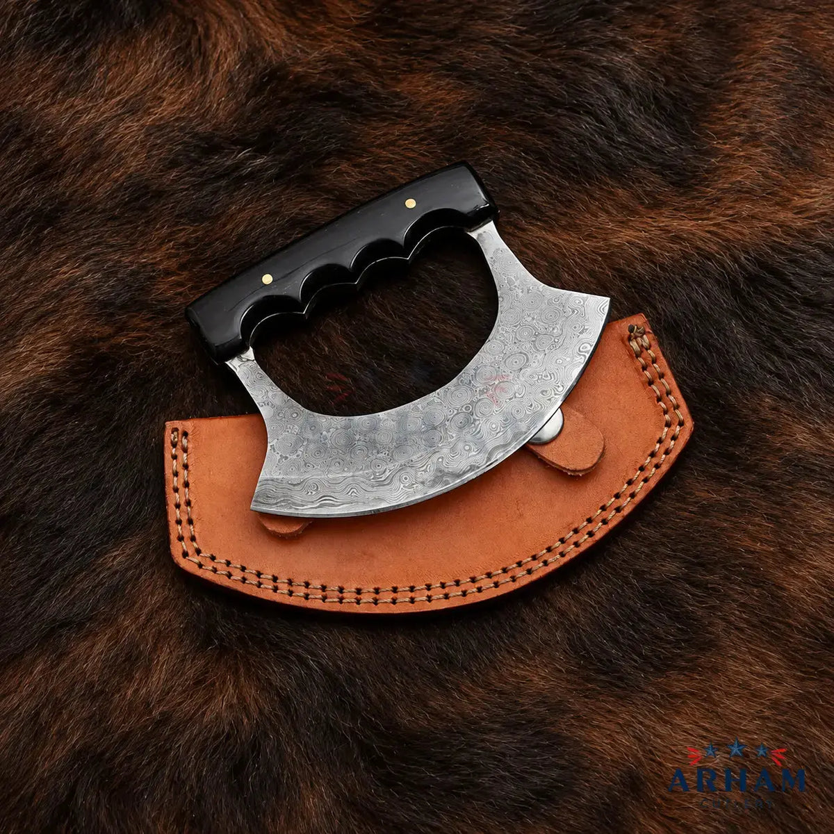 Blackhorn Crescent™ Handmade Damascus Ulu Knife with Buffalo Horn Handle Arham Cutlery