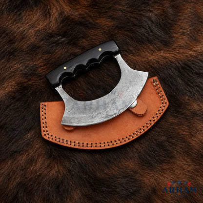 Blackhorn Crescent™ Handmade Damascus Ulu Knife with Buffalo Horn Handle Arham Cutlery