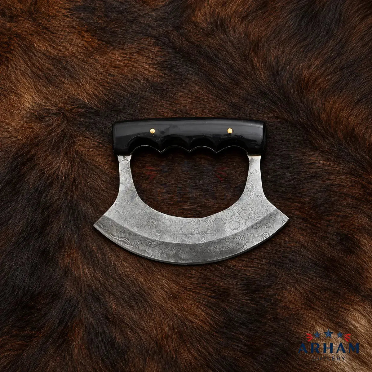 Blackhorn Crescent™ Handmade Damascus Ulu Knife with Buffalo Horn Handle Arham Cutlery