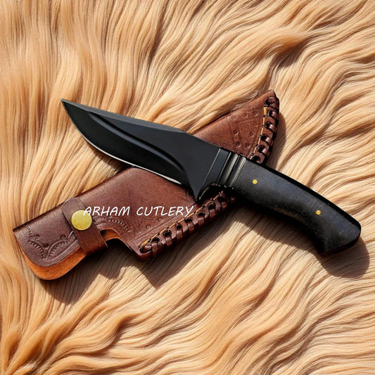 Black Phantom Tactical Knife with Stainless Steel Blade, Micarta Handle, and Leather Sheath by Arham Cutlery