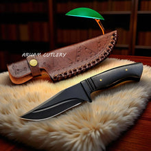 Cargar imagen en el visor de la galería, Black Phantom Tactical Knife with Stainless Steel Blade, Micarta Handle, and Leather Sheath by Arham Cutlery
