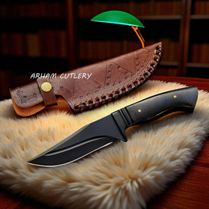 Black Phantom Tactical Knife with Stainless Steel Blade, Micarta Handle, and Leather Sheath by Arham Cutlery