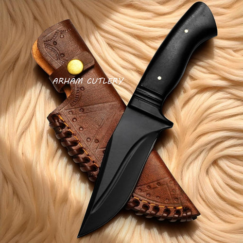 Black Phantom Tactical Knife with Stainless Steel Blade, Micarta Handle, and Leather Sheath by Arham Cutlery