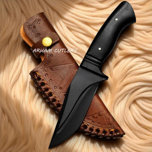 Black Phantom Tactical Knife with Stainless Steel Blade, Micarta Handle, and Leather Sheath by Arham Cutlery
