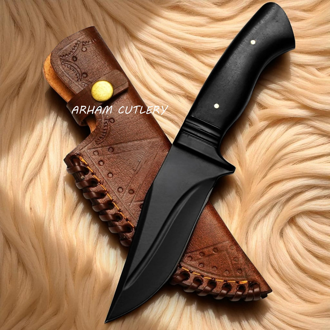 Black Phantom Tactical Knife with Stainless Steel Blade, Micarta Handle, and Leather Sheath by Arham Cutlery