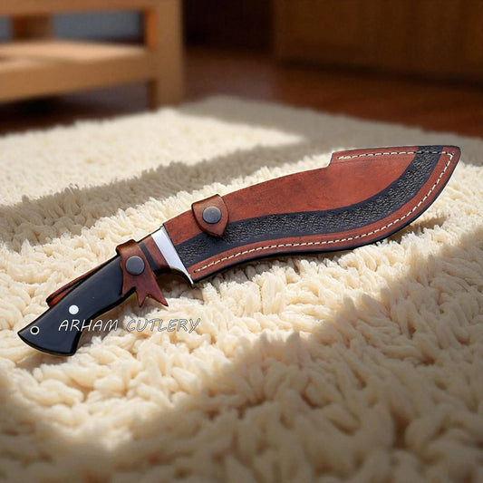 14-inch Kukri Machete Knife with Micarta Handle and Leather Sheath – Blackthorn Edge by Arham Cutlery