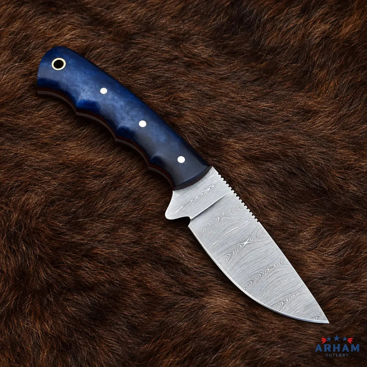 Bluebone Archcrest™ Damascus Hunting Knife – Blue Bone Handle Arham Cutlery