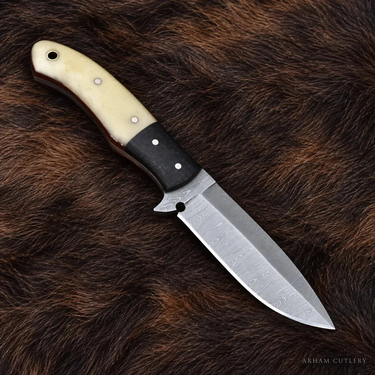 Boneforge Doublecrest™ Damascus Hunting Knife – Bone & Micarta Handle Arham Cutlery