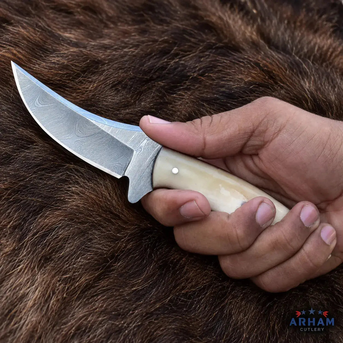 Bone Upsweep™ Damascus Skinning Knife – Natural Bone Handle Arham Cutlery