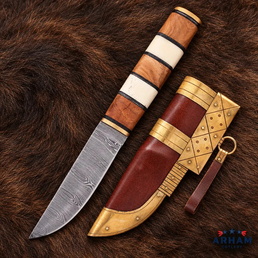 Bonewood Norsecrest Viking Seax Knife – Damascus Steel Wood & Bone Handle Arham Cutlery