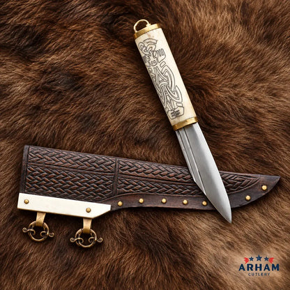 Borre Serpent Viking Seax Knife – Carbon Steel & Carved Bone Handle Arham Cutlery