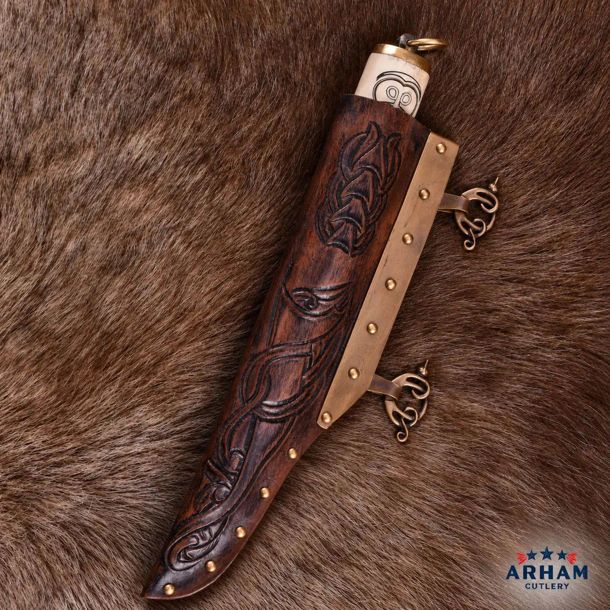 Norse Serpent Viking Seax Knife – Carbon Steel & Etched Bone Handle Arham Cutlery