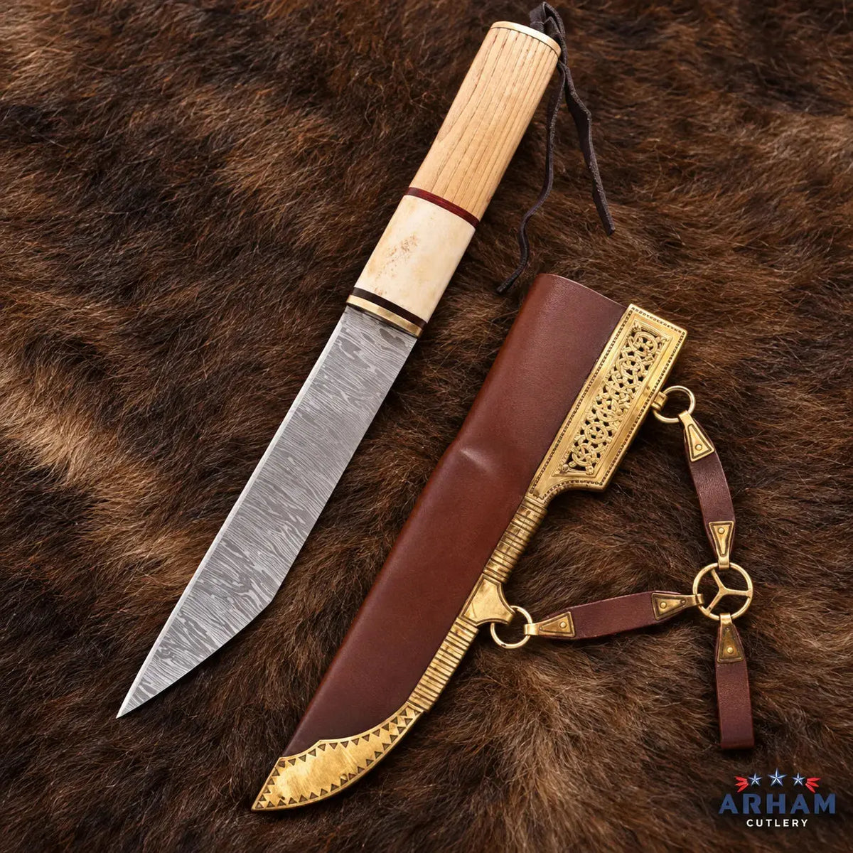 Ravenback Viking Seax Knife – Broken Back Damascus & Bone Handle Arham Cutlery