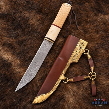 Ravenback Viking Seax Knife – Broken Back Damascus & Bone Handle Arham Cutlery