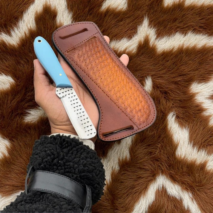 Bull Cutter Cowboy Knife with Rasp Blade, Resin Handle & Leather Belt Loop Sheath – Arham Cutlery