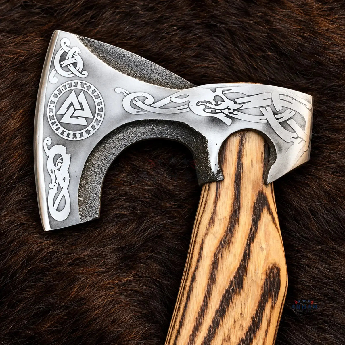 Ashwood Valknut Engraved Hand-Forged Viking Axe – Carbon Steel & Ash Wood Arham Cutlery