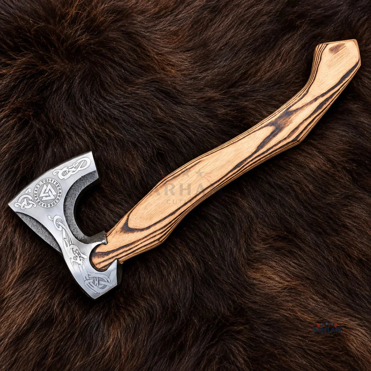 Ashwood Valknut Engraved Hand-Forged Viking Axe – Carbon Steel & Ash Wood Arham Cutlery