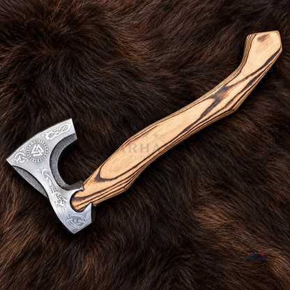 Ashwood Valknut Engraved Hand-Forged Viking Axe – Carbon Steel & Ash Wood Arham Cutlery