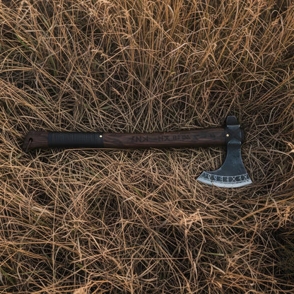 Hand-Forged Viking Rune Hatchet – Carbon Steel Bearded Axe with Engraved Hardwood Handle Arham Cutlery