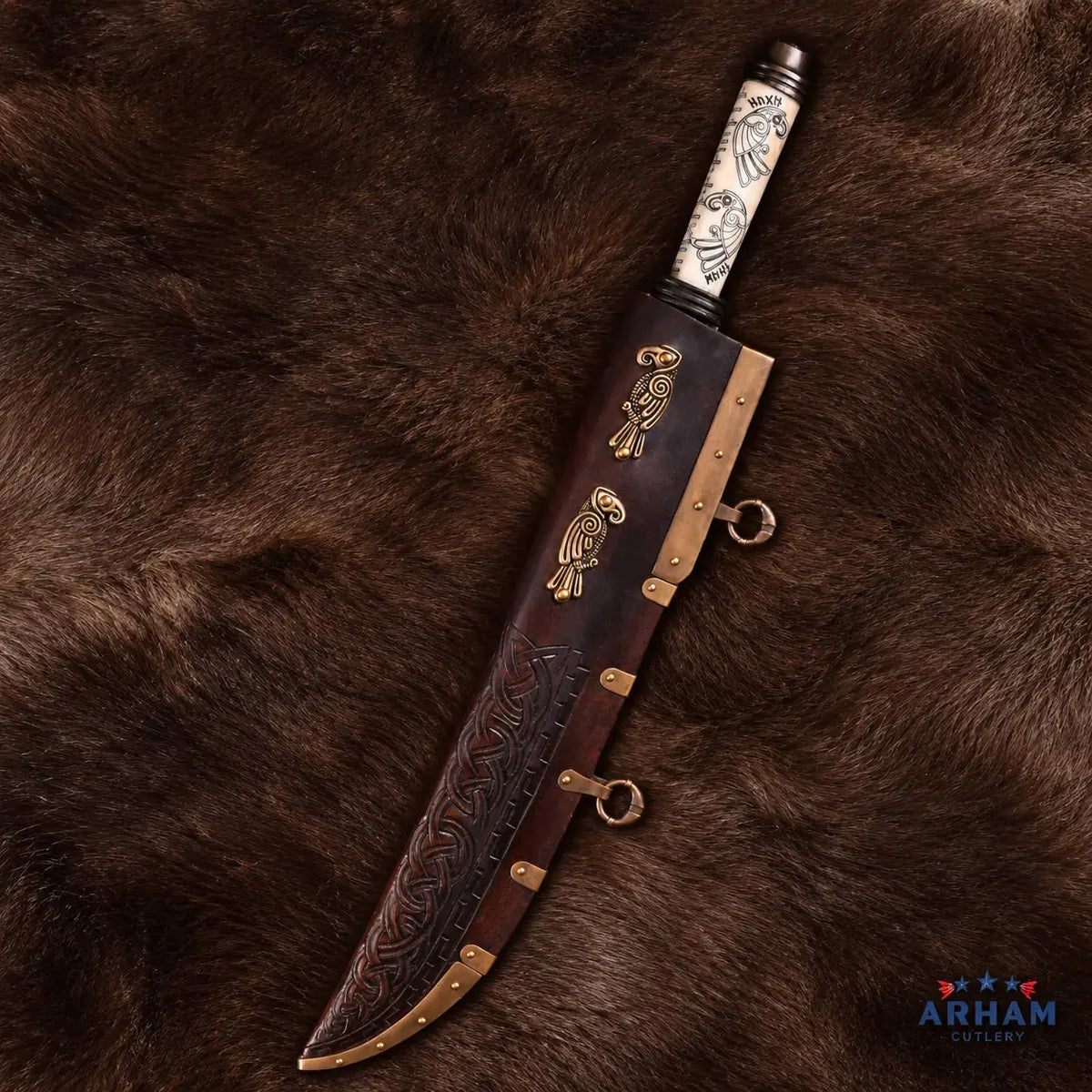 Twin Raven Viking Long Seax Knife – Carbon Steel & Etched Bone Handle Arham Cutlery