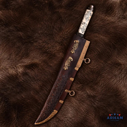 Twin Raven Viking Long Seax Knife – Carbon Steel & Etched Bone Handle Arham Cutlery