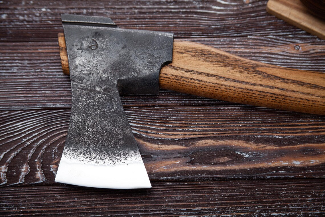 Nordic Woodland Axe – Handmade Carbon Steel Hiking Hatchet with Ash Wood Grip Arham Cutlery