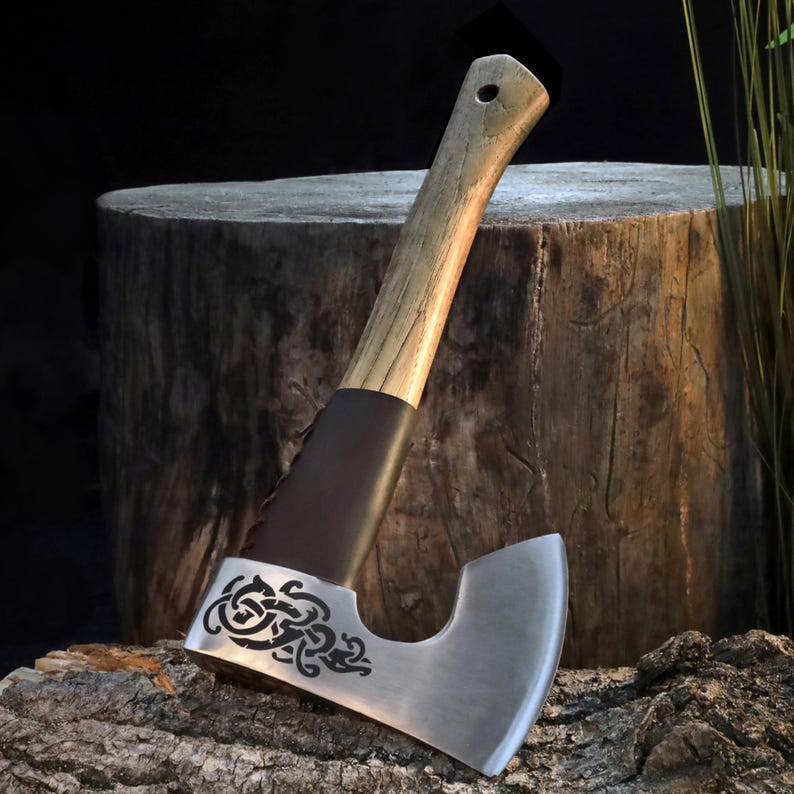 Handmade Viking Woodcraft Hatchet – 1060 Carbon Steel Camp Axe with Ash Wood Handle Arham Cutlery